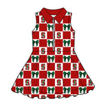 MOQ 5 pcs sleeveless red plaid green bow S girls team athletic polo dress