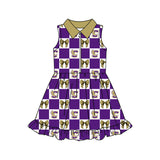 MOQ 5 pcs sleeveless purple plaid bow girls team athletic dress