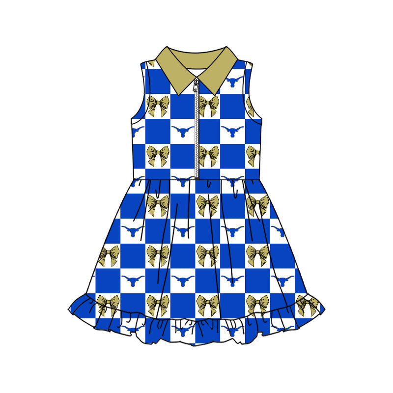 MOQ 5 pcs sleeveless blue plaid bow girls team athletic dress
