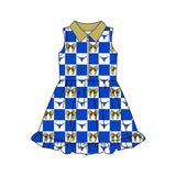 MOQ 5 pcs sleeveless blue plaid bow girls team athletic dress