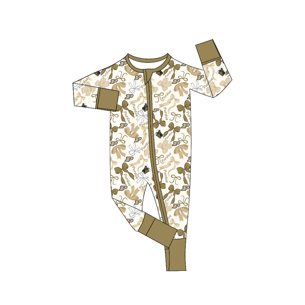MOQ 3 pcs long sleeves P bows baby team zip romper