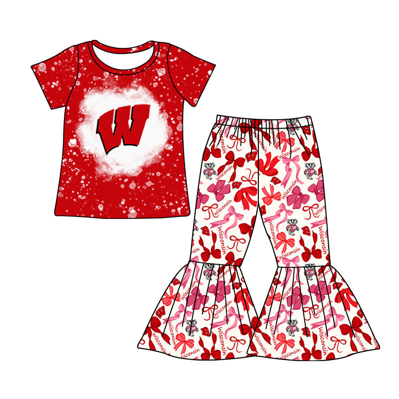 MOQ 3 pcs bleached red W top bow pants girls team clothes