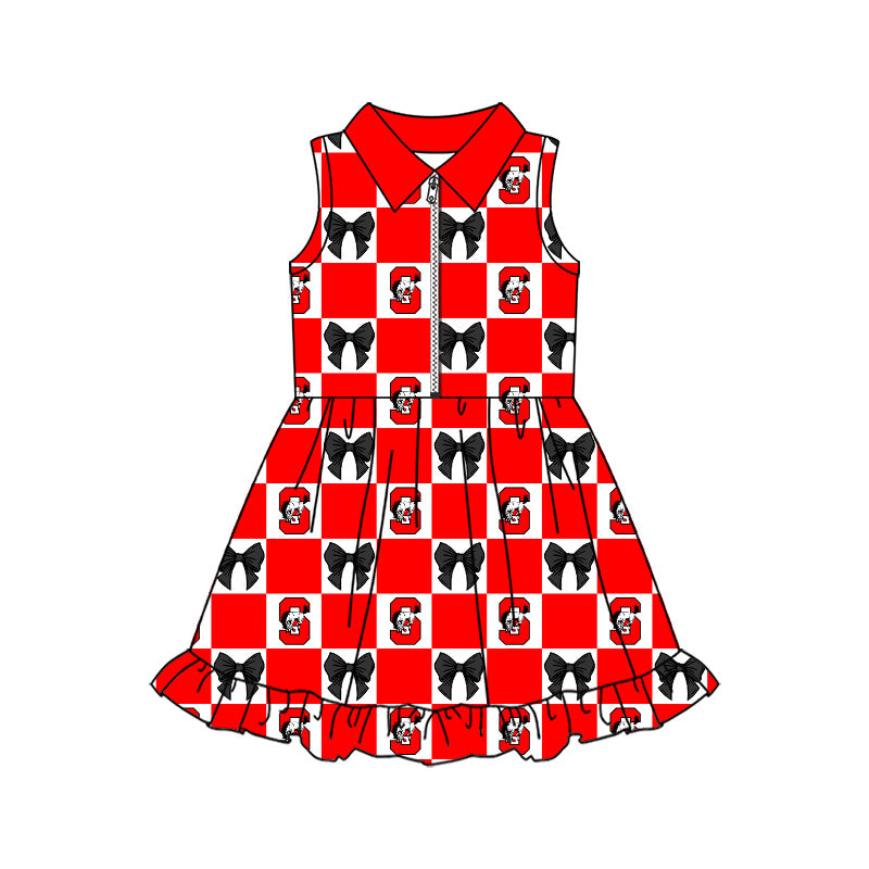 MOQ 5 pcs sleeveless red S plaid bow girls team athletic dress