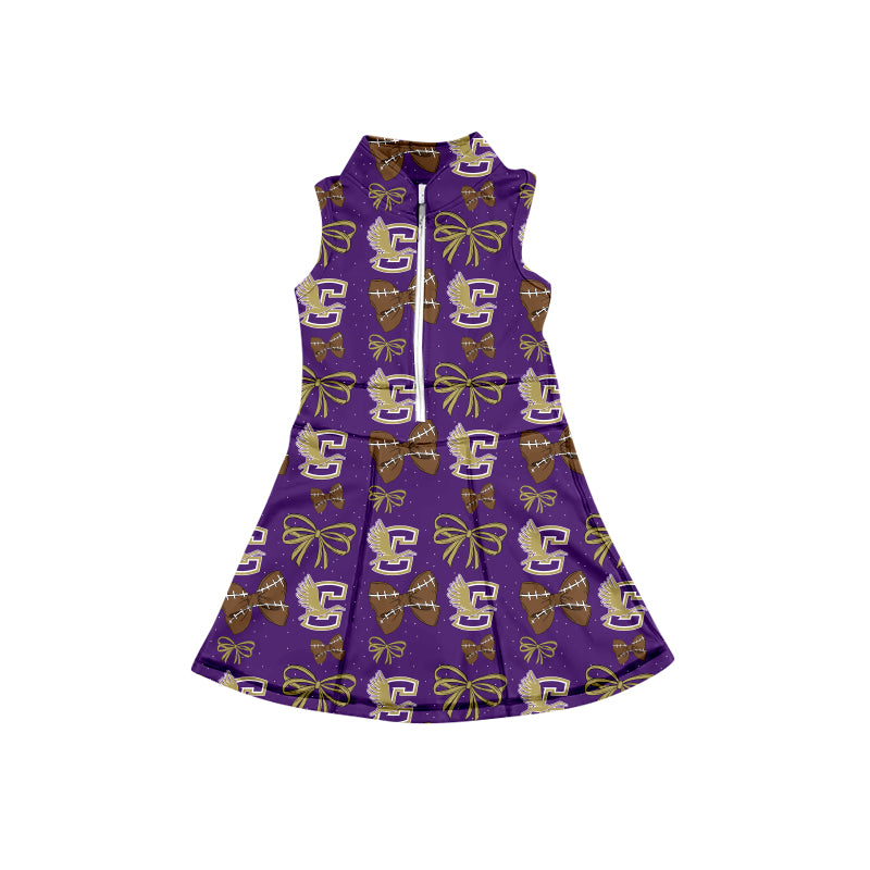 MOQ 5 pcs sleeveless purple football bow girls team athletic dress