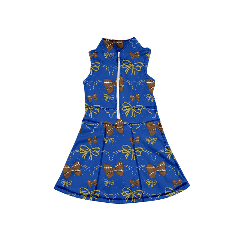 MOQ 5 pcs sleeveless blue football bow girls team athletic dress