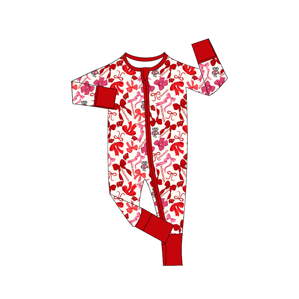MOQ 3 pcs long sleeves W red bows baby team zip romper