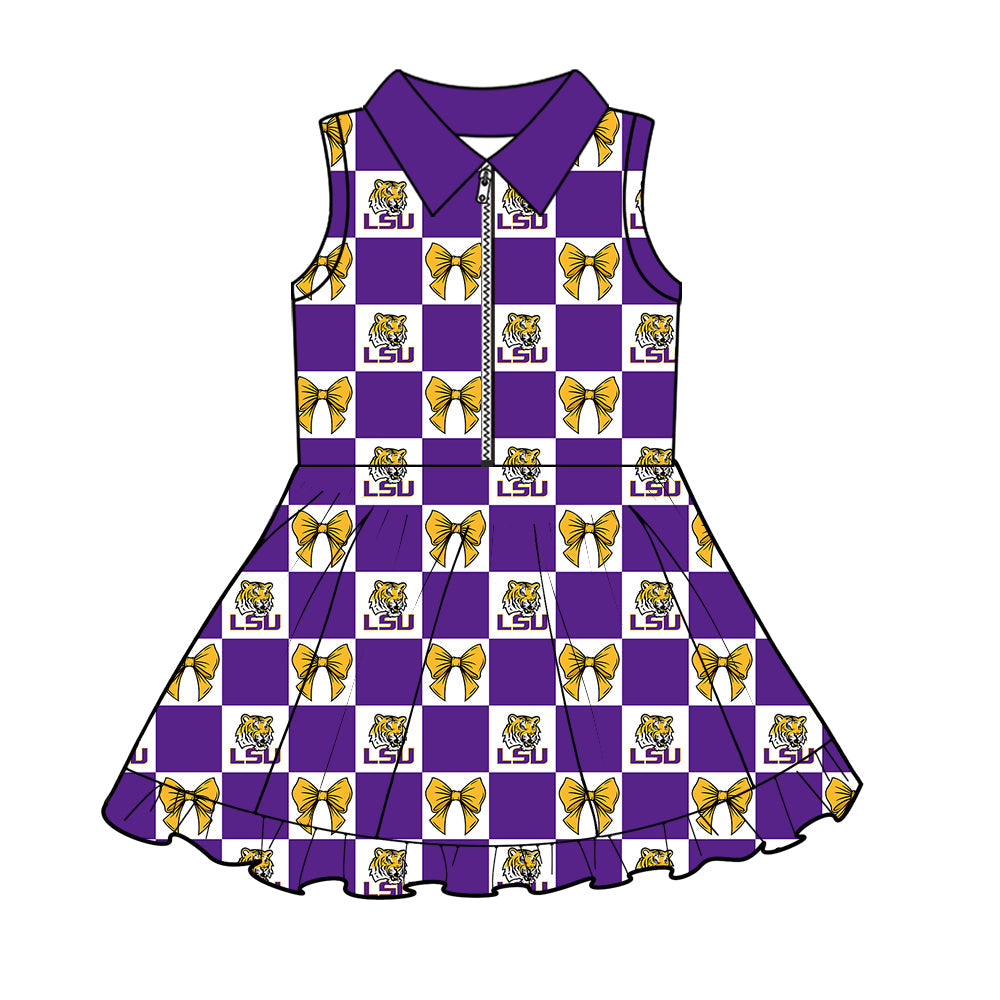 MOQ 5 pcs sleeveless plaid bow tiger girls team athletic polo dress