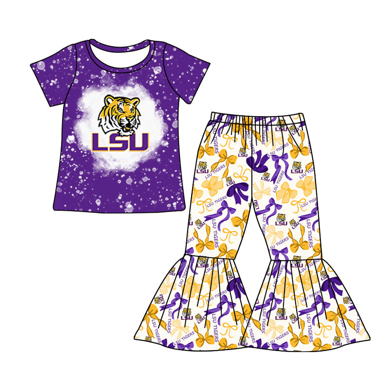 MOQ 3 pcs bleached purple tiger top bow pants girls team clothes