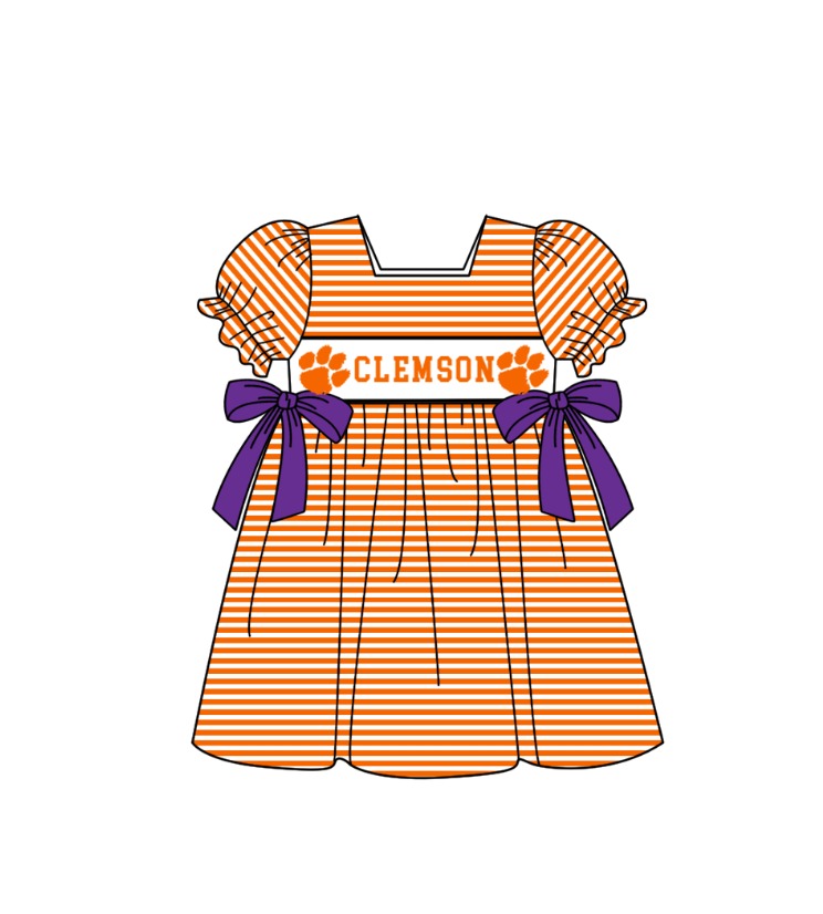 MOQ 5 pcs Short sleeves orange stripe purple bow girls team dresses