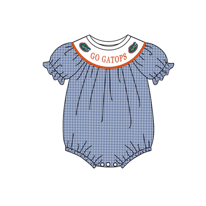 MOQ 3 pcs short sleeves blue plaid crocodile girls team romper