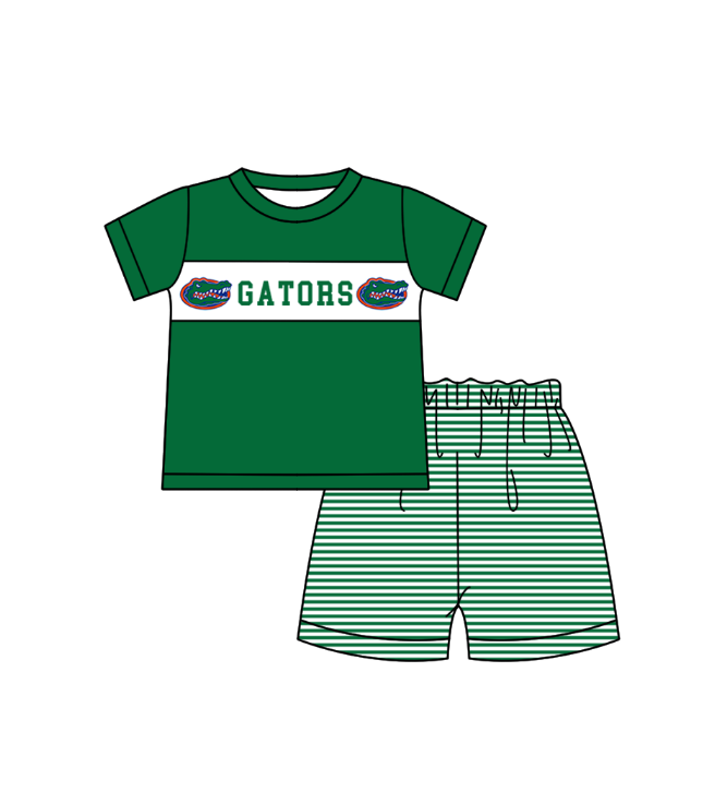 MOQ 5 pcs green short sleeves crocodile top stripe shorts boys team outfit