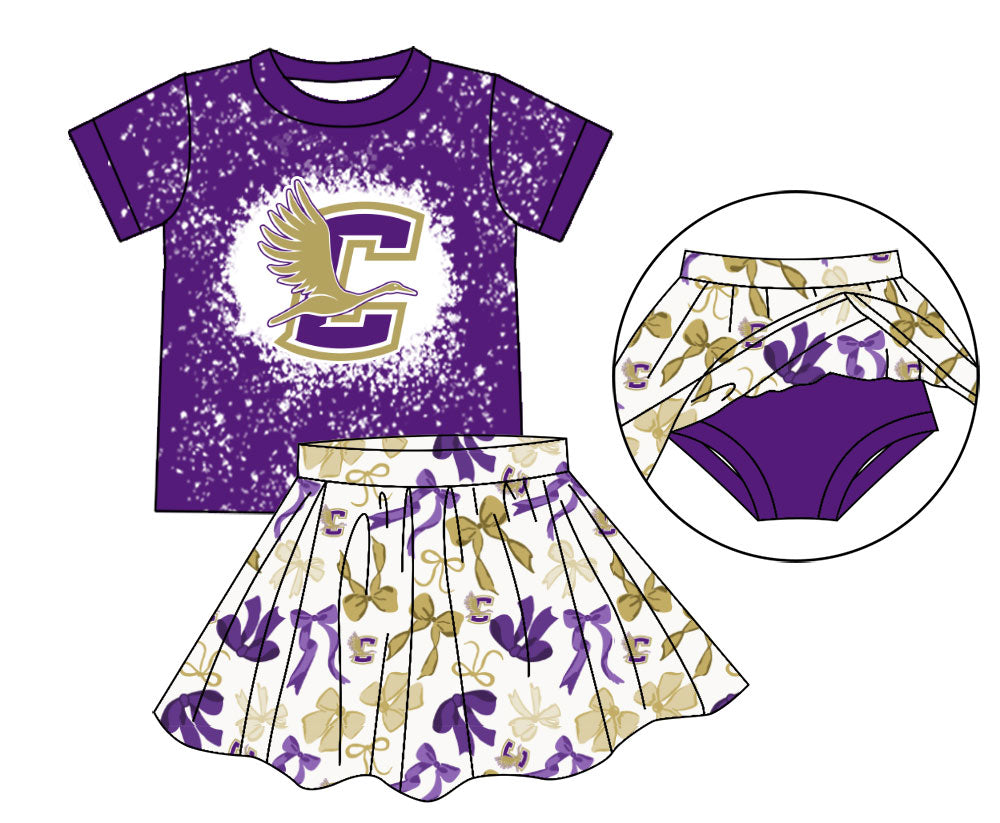 MOQ 5 pcs purple bleached top skorts kids girls team outfits