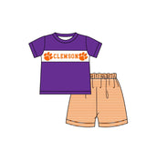 MOQ 5 pcs purple short sleeves top orange stripe shorts boys team outfit