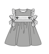 MOQ 5 pcs gray flying sleeves white polka dots bow RAIDERS girls team dresses