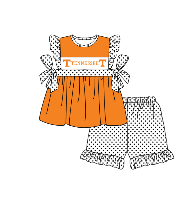 MOQ 5 pcs orange bow T tunic white polka dots ruffle shorts girls team outfit