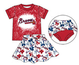 MOQ 3 pcs red B bleached top bow skirt girls team outfits