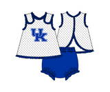 MOQ 5 pcs white polka dots sleeveless UK tunic blue bummies baby girls team set