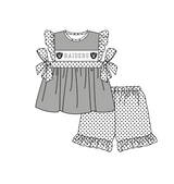 MOQ 5 pcs gray bow RAIDERS tunic white polka dots ruffle shorts girls team outfit
