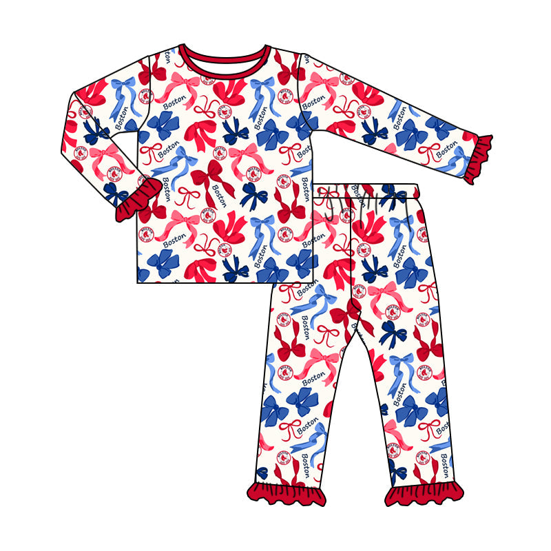 MOQ 3 Long sleeves B red blue bow kids girls team pajamas
