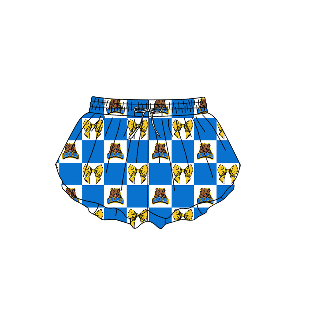 MOQ 5 pcs blue Plaid yellow bow kids girls team active summer shorts