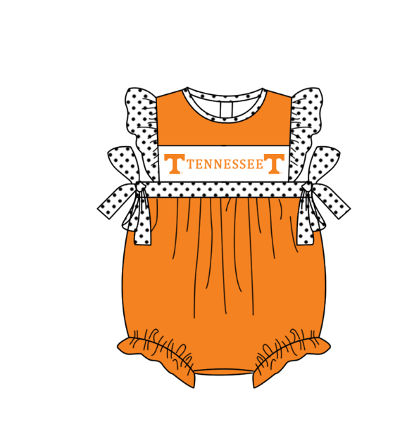 MOQ 5 pcs orange flying sleeves white polka dots bow T baby girls team romper