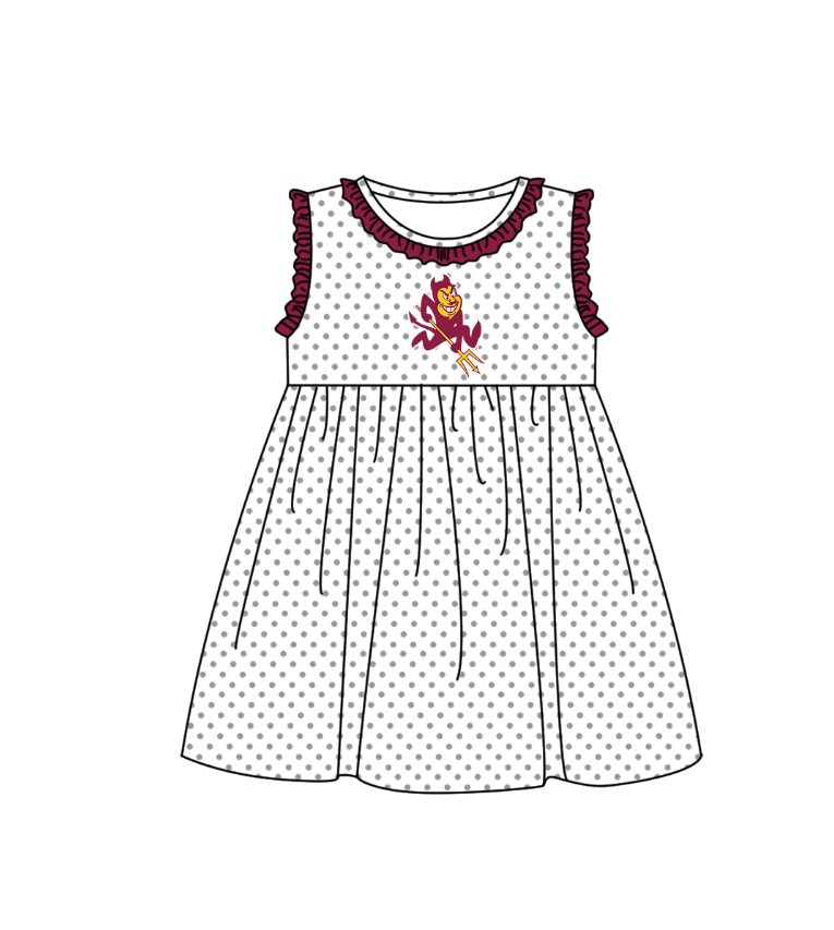 MOQ 5 pcs maroon ruffle sleeveless white polka dots girls team dresses