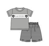 MOQ 5 pcs gray short sleeves top black stripe shorts boys team outfit