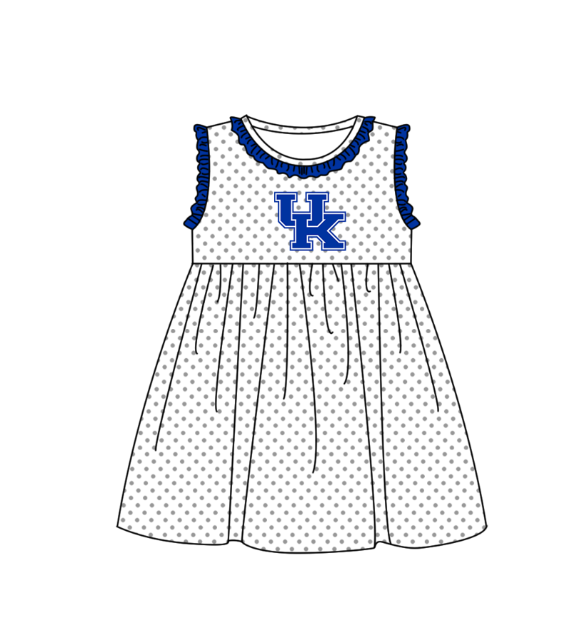 MOQ 5 pcs blue ruffle sleeveless white polka dots UK girls team dresses