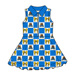 MOQ 5 pcs sleeveless blue plaid yellow bow girls team athletic polo dress