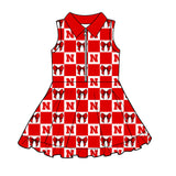 MOQ 5 pcs sleeveless plaid bow red N girls team athletic polo dress