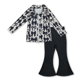 Black bows zip pullover black pants girls yoga clothing set