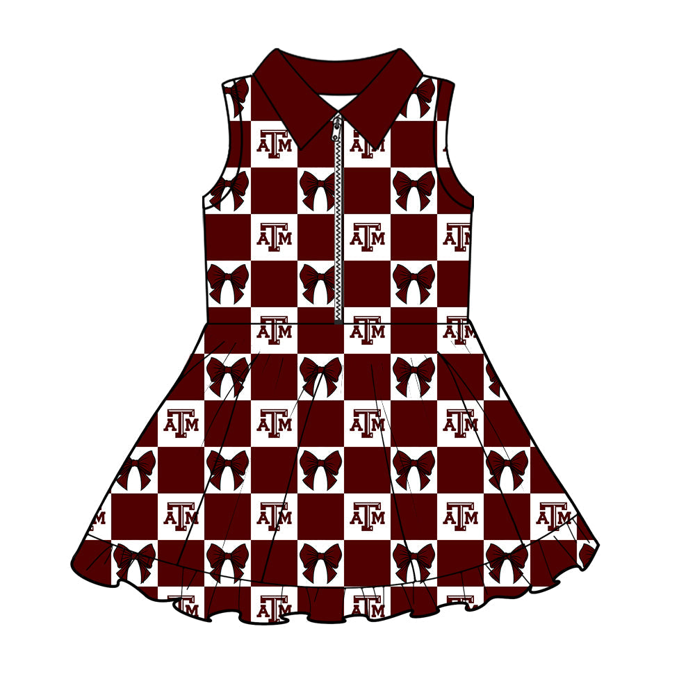 MOQ 5 pcs sleeveless plaid bow A T M girls team athletic polo dress