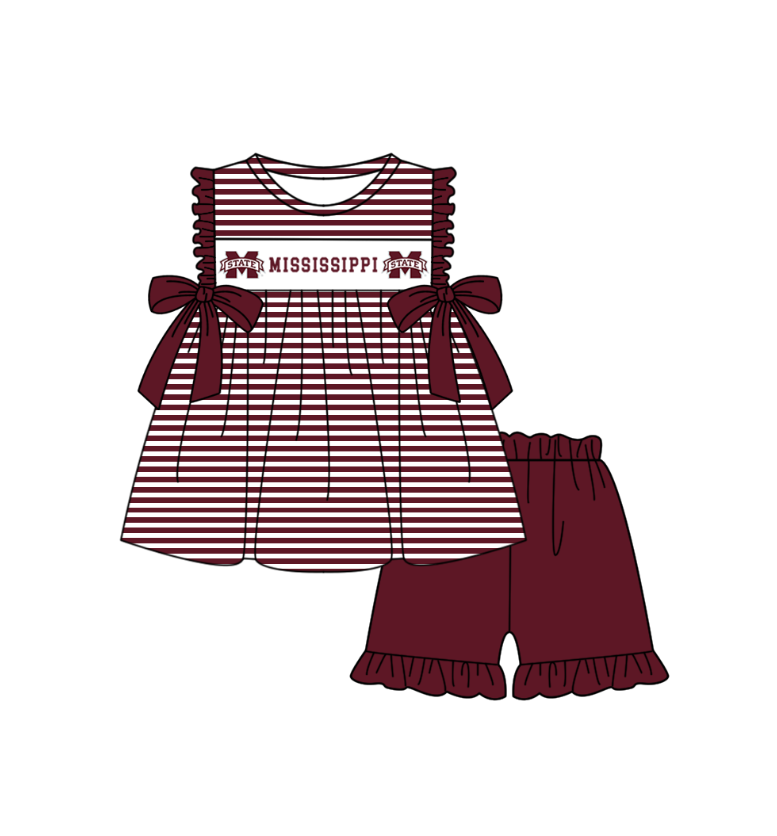MOQ 5 pcs maroon stripe bow M tunic ruffle shorts girls team outfit