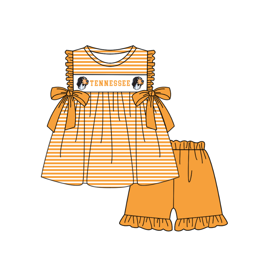 MOQ 5 pcs orange stripe bow T tunic ruffle shorts girls team outfit