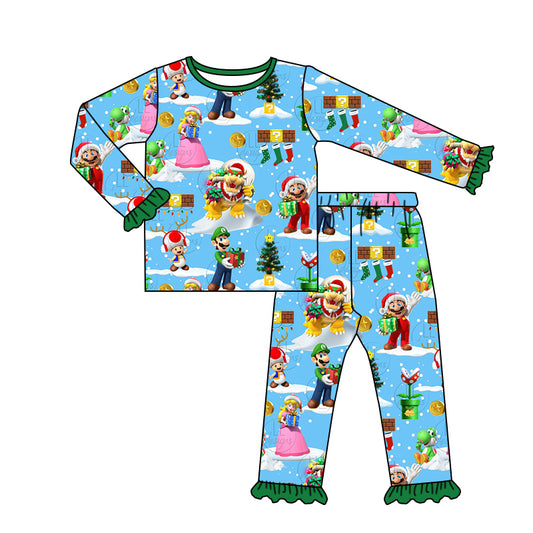 MOQ 5 Blue Christmas tree baby girls game pajamas