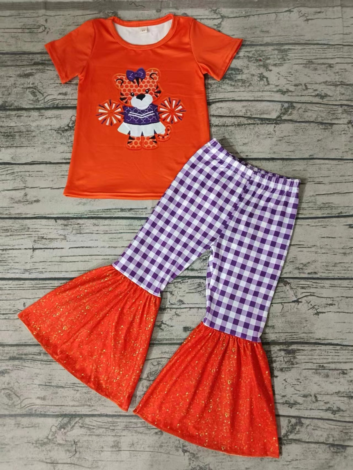 MOQ 3 pcs orange tiger purple plaid kids girls team clothes