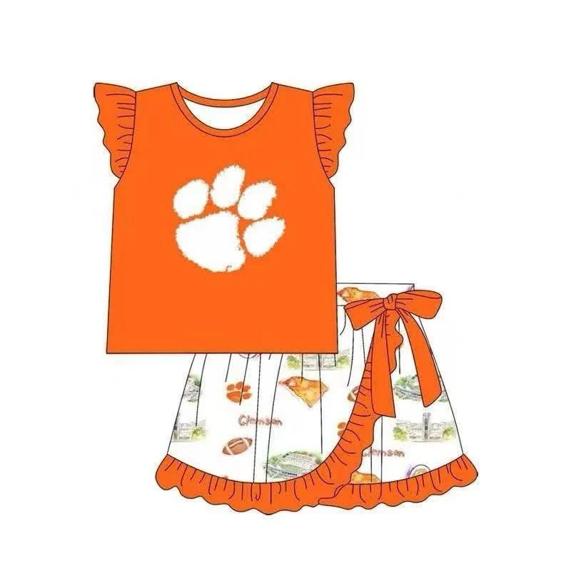 Deadline June 19 orange flutter sleeves top football skirt girls team clothes