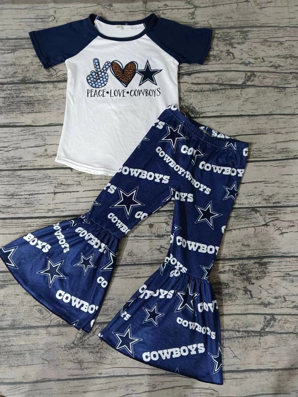 MOQ 3 pcs peace love cowboy star blue girls team clothes