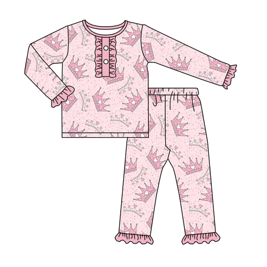 MOQ 5 pink queen ruffle long sleeves girls pajamas