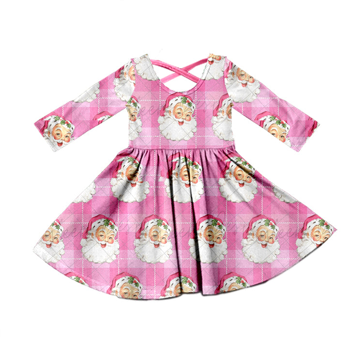 MOQ 5 pink plaid santa long sleeves girls Christmas dress