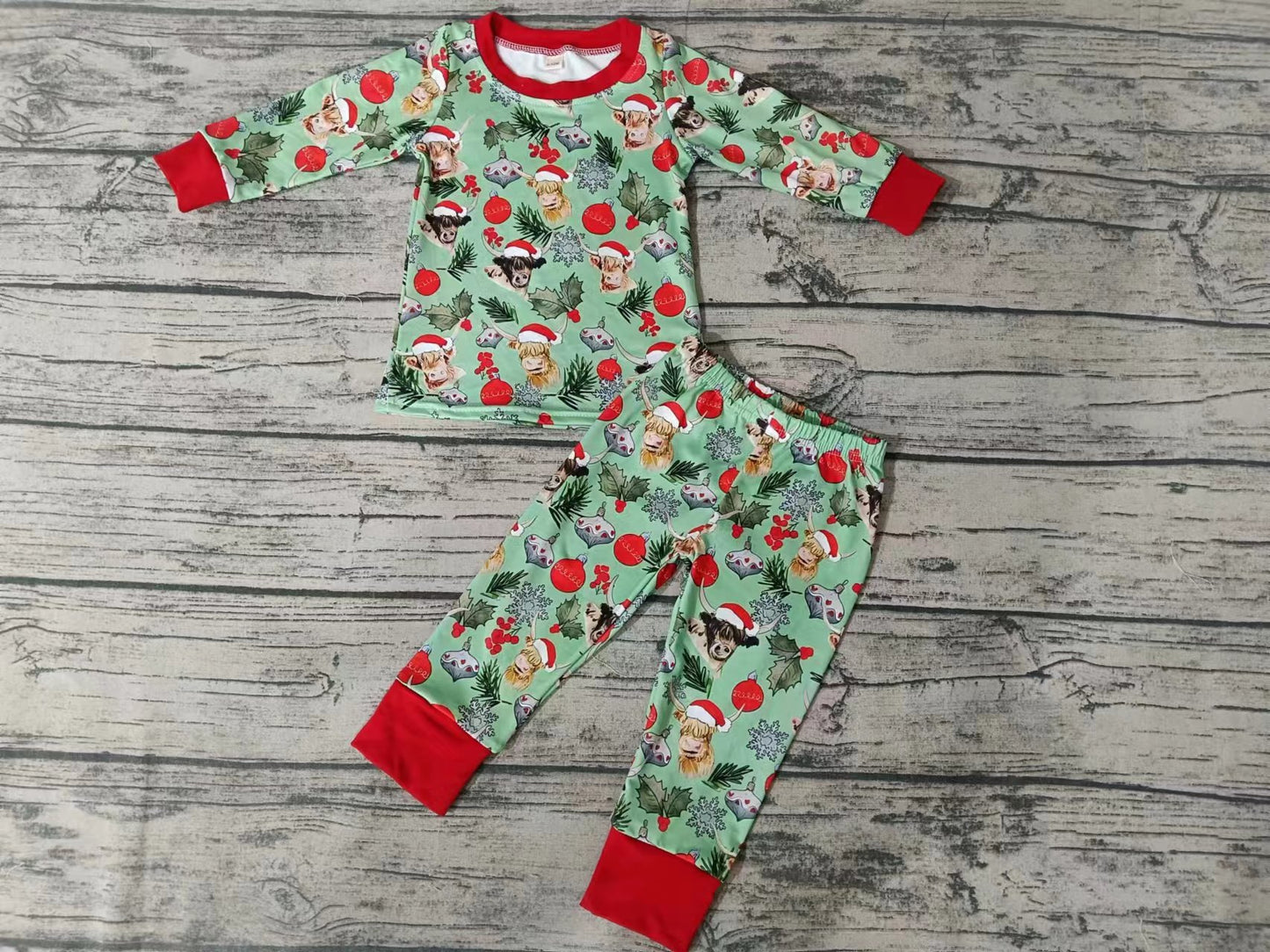 MOQ 3 pcs highland cow red baby kids Christmas pajamas