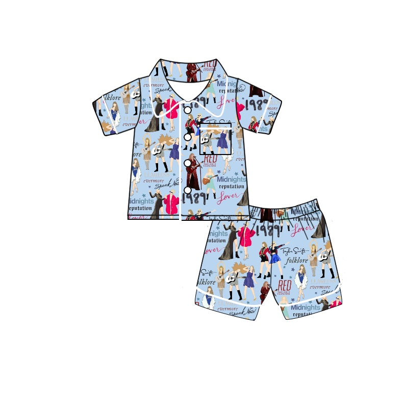 MOQ 3 light blue pocket butterfly singer kids summer pajamas