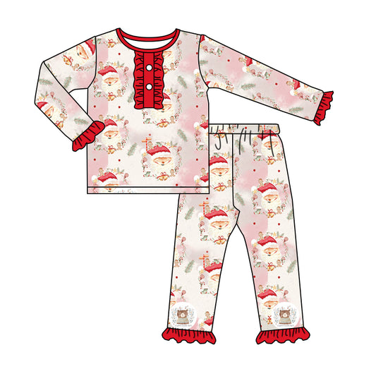 MOQ 5 pink santa long sleeves girls Christmas pajamas