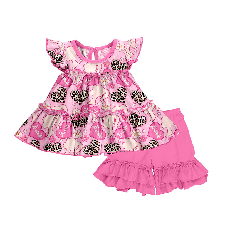 MOQ 3  leopard heart top ruffle shorts pink girls outfits