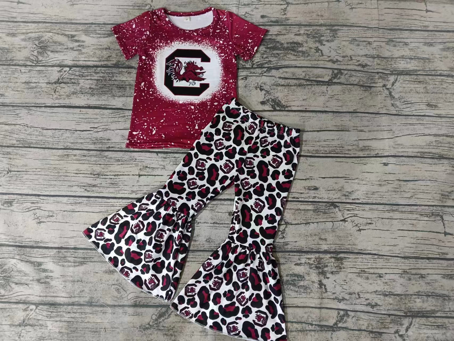 MOQ 3 pcs C maroon bleached top leopard pants girls team outfits