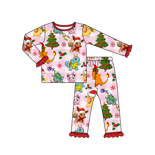 MOQ 5 pink plaid dinosaur Christmas tree girls pajamas