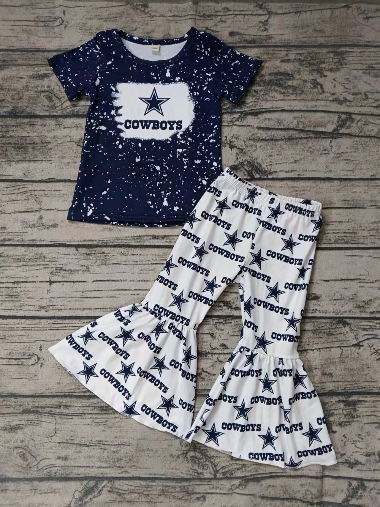 MOQ 3 pcs navy cowboy star bleached top pants girls team clothes