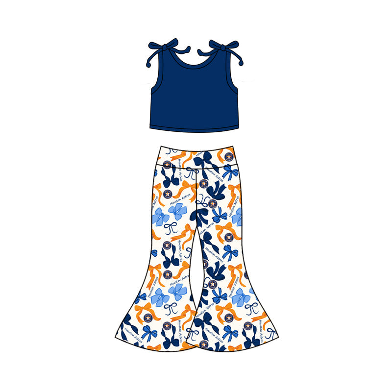 MOQ 3 pcs Sleeveless blue top H bow pants girls team clothes