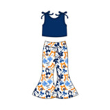 MOQ 3 pcs Sleeveless blue top H bow pants girls team clothes