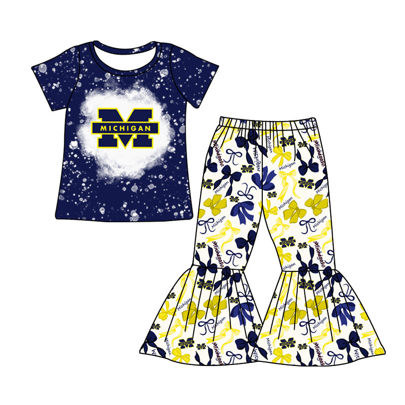 MOQ 3 pcs Bleached navy M top bow pants girls team clothes
